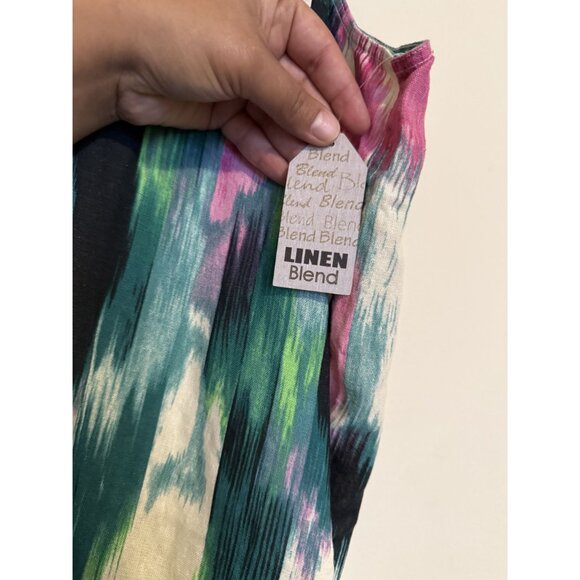 For Cynthia Linen Blend Cowl Neck Hi Low Midi Green/Pink Brush Stroke Dress 2X - Picture 5 of 8